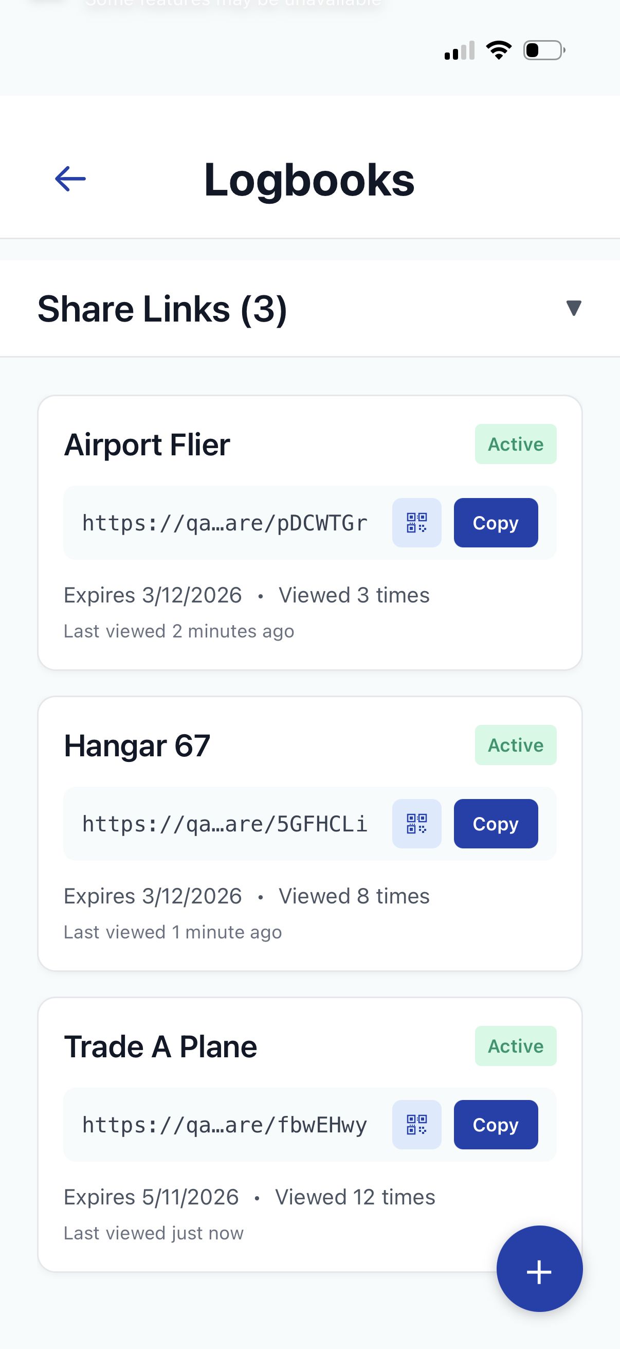 LogIQ app showing active share links with view counts and expiry tracking